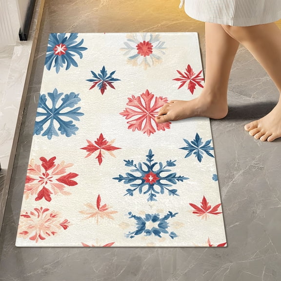 Toilet Rug Rectangle Bathroom Rugs Non-Slip Soft Plush Machine Washable Contour Bath Mat Red Blue Snowflakes 24x16