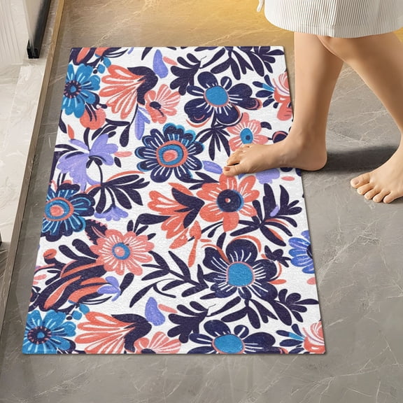 Toilet Rug Rectangle Bathroom Rugs Non-Slip Soft Plush Machine Washable Contour Bath Mat Retro Hand Drawn Flower 24x16