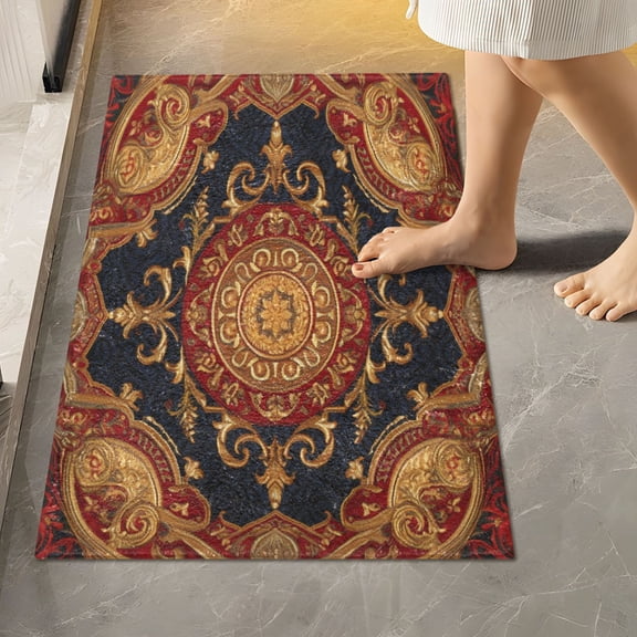 Toilet Rug Rectangle Bathroom Rugs Non-Slip Soft Plush Machine Washable Contour Bath Mat Retro Red Mandala 24x16