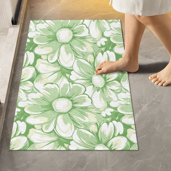 Toilet Rug Rectangle Bathroom Rugs Non-Slip Soft Plush Machine Washable Contour Bath Mat Retro White Green Flowers 24x16