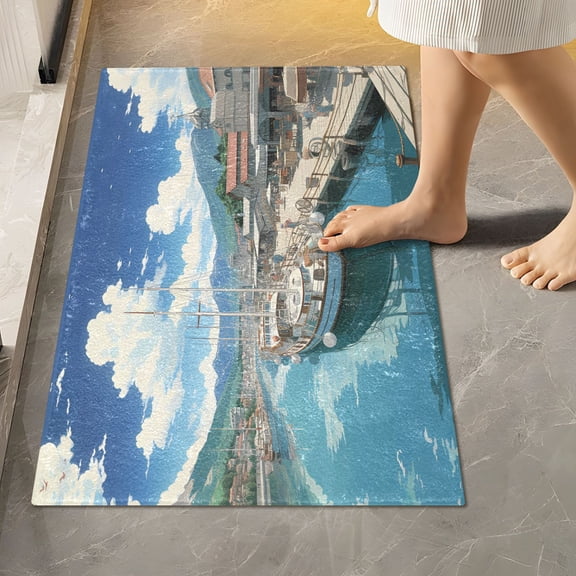 Toilet Rug Rectangle Bathroom Rugs Non-Slip Soft Plush Machine Washable Contour Bath Mat Sailing Boats Docked in Town 24x16