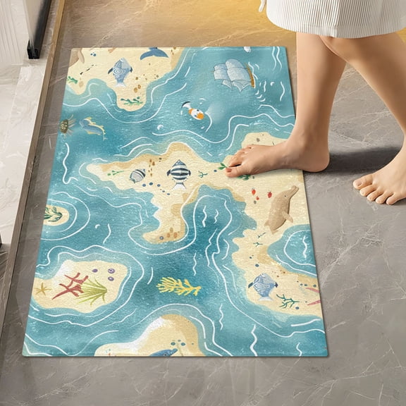 Toilet Rug Rectangle Bathroom Rugs Non-Slip Soft Plush Machine Washable Contour Bath Mat Sea Islands Fish Seaweed 24x16