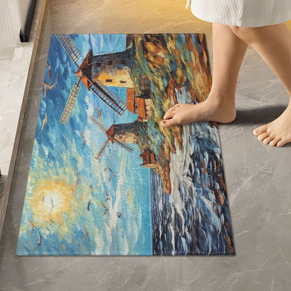 Toilet Rug Rectangle Bathroom Rugs Non-Slip Soft Plush Machine Washable Contour Bath Mat Seagull Windmill Sea Sun 24x16