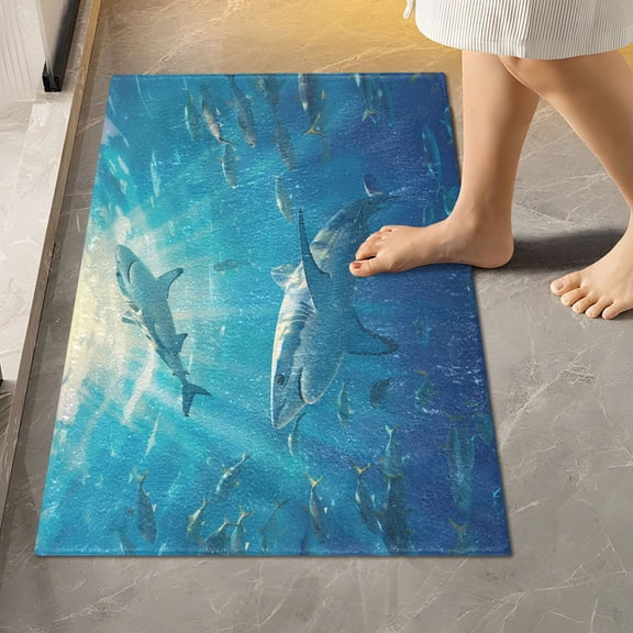 Toilet Rug Rectangle Bathroom Rugs Non-Slip Soft Plush Machine Washable Contour Bath Mat Shark Fish Swimming 24x16