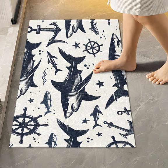 Toilet Rug Rectangle Bathroom Rugs Non-Slip Soft Plush Machine Washable Contour Bath Mat Shark Star Anchor Rudder 24x16