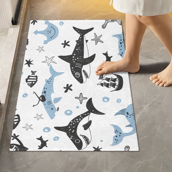 Toilet Rug Rectangle Bathroom Rugs Non-Slip Soft Plush Machine Washable Contour Bath Mat Shark Starfish Boat 24x16
