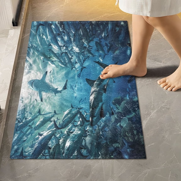 Toilet Rug Rectangle Bathroom Rugs Non-Slip Soft Plush Machine Washable Contour Bath Mat Shark Swimming in Fish Schools 24x16