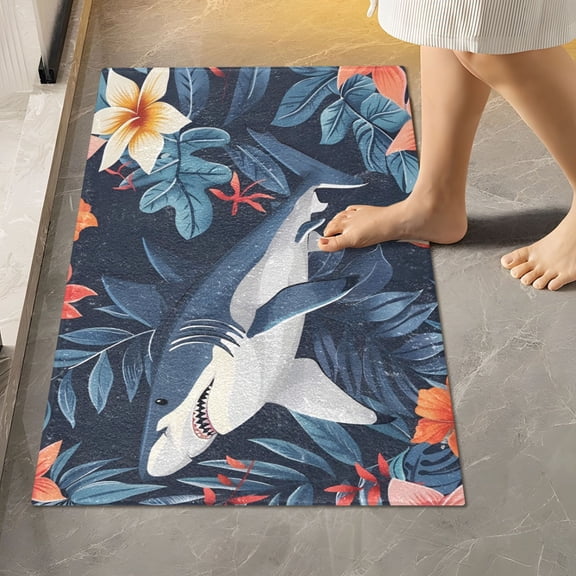 Toilet Rug Rectangle Bathroom Rugs Non-Slip Soft Plush Machine Washable Contour Bath Mat Shark in Flowers and Leaves 24x16