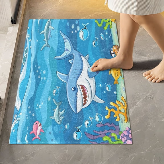 Toilet Rug Rectangle Bathroom Rugs Non-Slip Soft Plush Machine Washable Contour Bath Mat Shark in Ocean 24x16