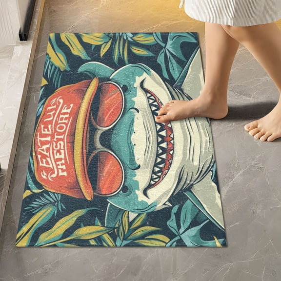 Toilet Rug Rectangle Bathroom Rugs Non-Slip Soft Plush Machine Washable Contour Bath Mat Shark with Hat and Sunglasses 24x16