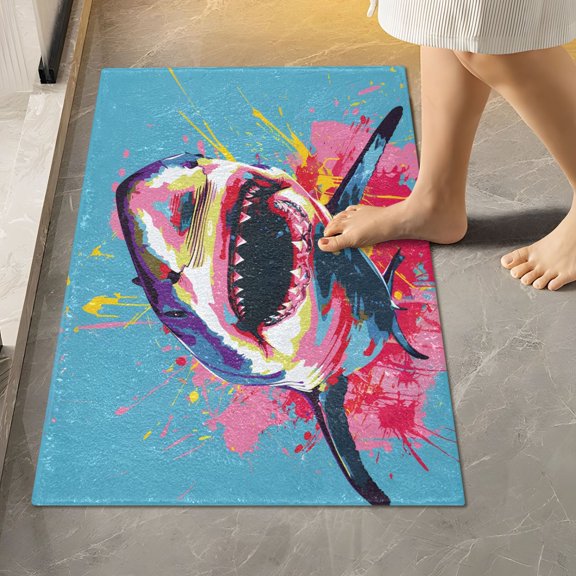 Toilet Rug Rectangle Bathroom Rugs Non-Slip Soft Plush Machine Washable Contour Bath Mat Shark with Paint 24x16