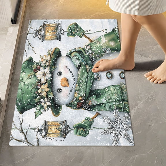 Toilet Rug Rectangle Bathroom Rugs Non-Slip Soft Plush Machine Washable Contour Bath Mat Snowman Dressed Green 24x16