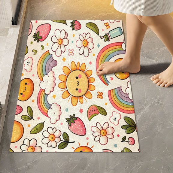 Toilet Rug Rectangle Bathroom Rugs Non-Slip Soft Plush Machine Washable Contour Bath Mat Sun Rainbow Fruits Flowers 24x16