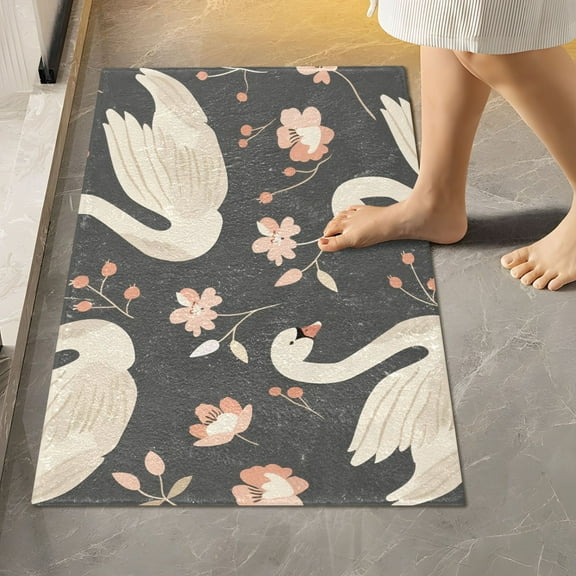 Toilet Rug Rectangle Bathroom Rugs Non-Slip Soft Plush Machine Washable Contour Bath Mat Swan and Flowers 24x16
