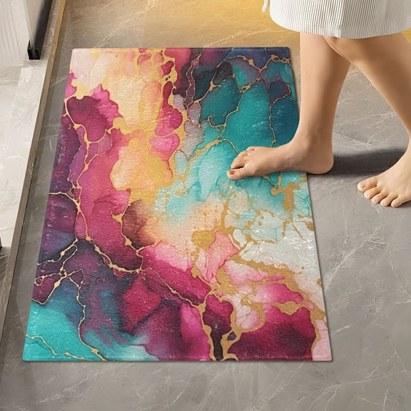 Toilet Rug Rectangle Bathroom Rugs Non-Slip Soft Plush Machine Washable Contour Bath Mat Teal Magenta Marble 24x16