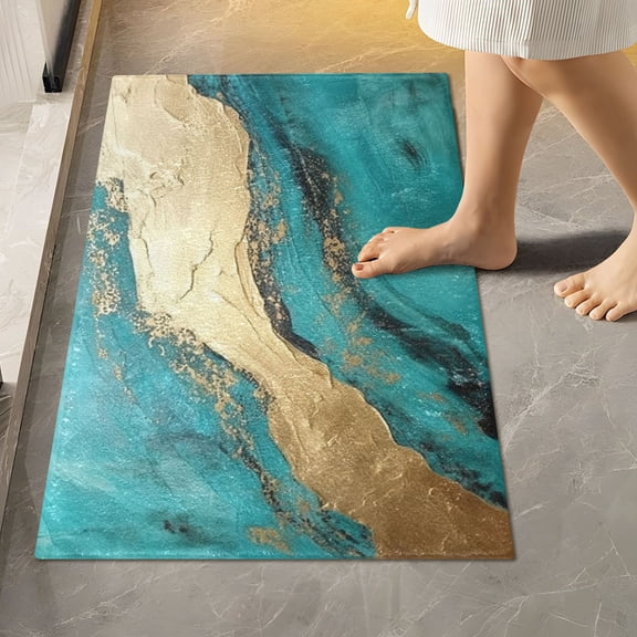 Toilet Rug Rectangle Bathroom Rugs Non-Slip Soft Plush Machine Washable Contour Bath Mat Turquoise Gold Marble 24x16