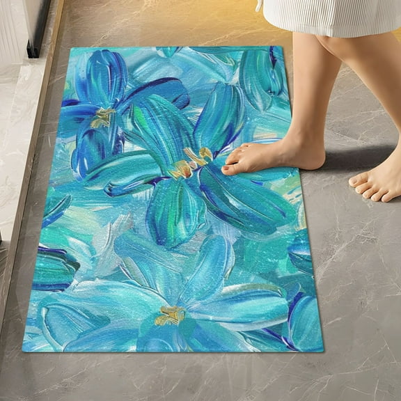 Toilet Rug Rectangle Bathroom Rugs Non-Slip Soft Plush Machine Washable Contour Bath Mat Turquoise and Blue Flowers 24x16