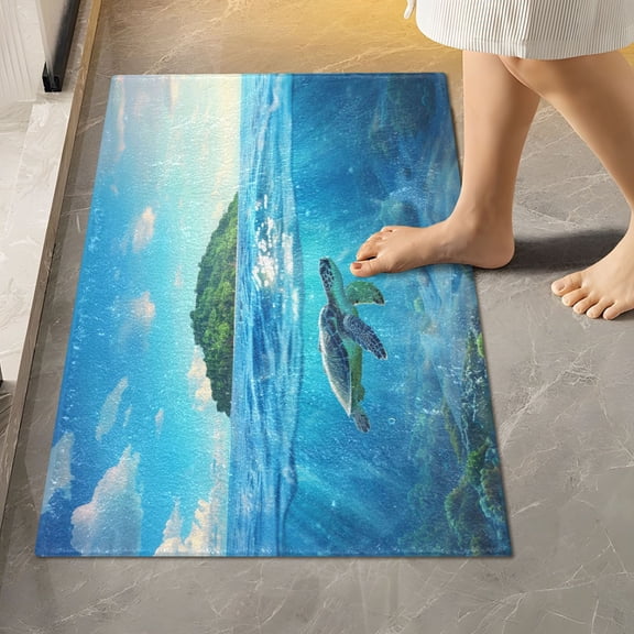 Toilet Rug Rectangle Bathroom Rugs Non-Slip Soft Plush Machine Washable Contour Bath Mat Turtle Swimming and Island 24x16