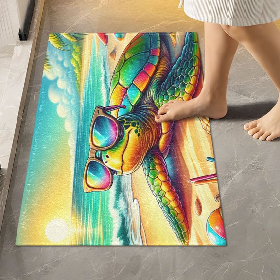 Toilet Rug Rectangle Bathroom Rugs Non-Slip Soft Plush Machine Washable Contour Bath Mat Turtle with Sunglasses and Beach 24x16