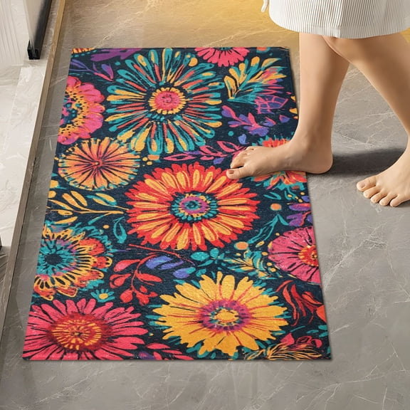 Toilet Rug Rectangle Bathroom Rugs Non-Slip Soft Plush Machine Washable Contour Bath Mat Vibrant and Colorful Flowers 24x16