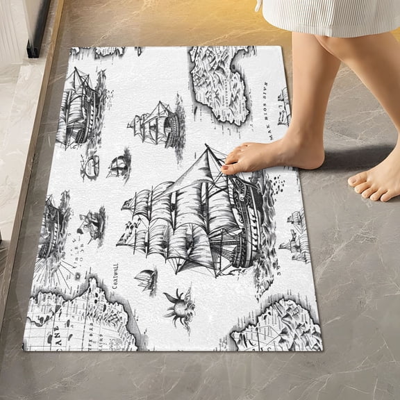 Toilet Rug Rectangle Bathroom Rugs Non-Slip Soft Plush Machine Washable Contour Bath Mat Vintage Sailboats on Map 24x16