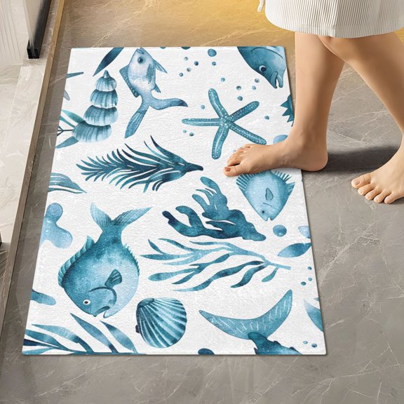 Toilet Rug Rectangle Bathroom Rugs Non-Slip Soft Plush Machine Washable Contour Bath Mat Watercolor Fish Seaweed Starfish 24x16