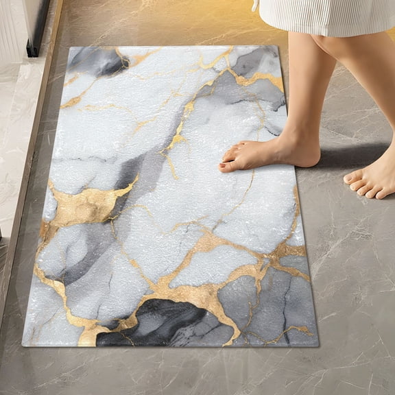 Toilet Rug Rectangle Bathroom Rugs Non-Slip Soft Plush Machine Washable Contour Bath Mat White Gold Black Marble 24x16