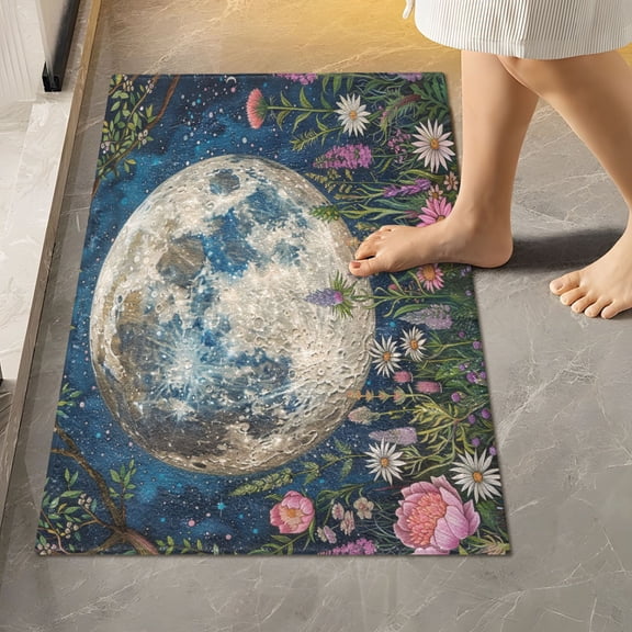 Toilet Rug Rectangle Bathroom Rugs Non-Slip Soft Plush Machine Washable Contour Bath Mat Wildflowers and Trees Surrounded Full Moon 24x16
