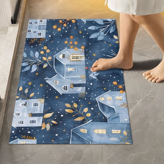 Toilet Rug Rectangle Bathroom Rugs Non-Slip Soft Plush Machine Washable Contour Bath Mat Winter Houses and Barberry Branches 24x16