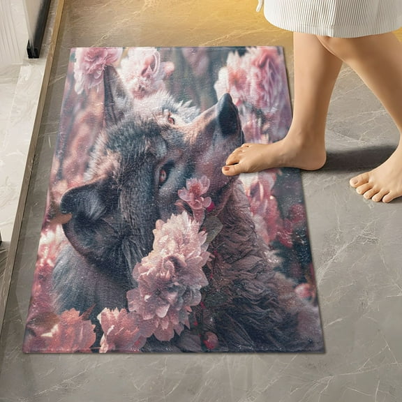 Toilet Rug Rectangle Bathroom Rugs Non-Slip Soft Plush Machine Washable Contour Bath Mat Wolf and Cherry Blossoms 24x16