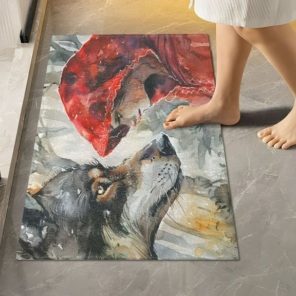Toilet Rug Rectangle Bathroom Rugs Non-Slip Soft Plush Machine Washable Contour Bath Mat Wolf and Red Clothed Girl 24x16