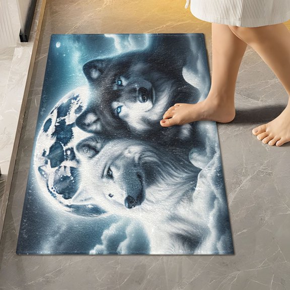 Toilet Rug Rectangle Bathroom Rugs Non-Slip Soft Plush Machine Washable Contour Bath Mat Wolves Lying under Moonlight 24x16