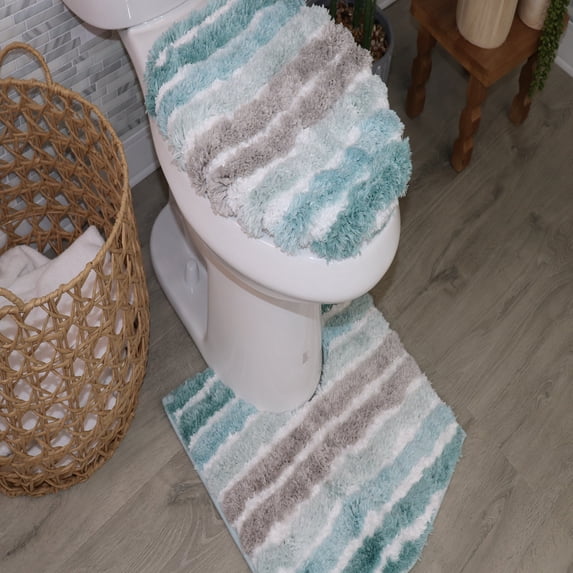 Toilet Rug Set of 2, Soft Microfiber Bathroom Mats with Contour Rug and Lid Cover, Absorbent & Quick Drying, Non-Slip, Machine Washable – 18x18, 20x20 for Toilet & Bathroom Turquoise
