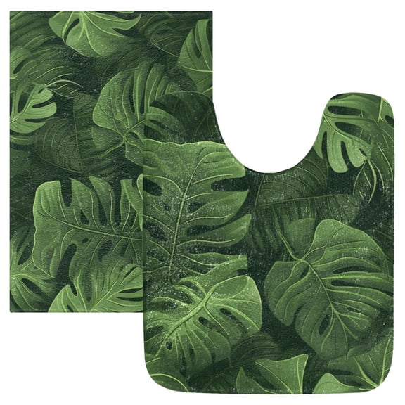 Toilet Rug Set Non-Slip Bathroom Rugs Soft Plush Machine Washable Contour Bath Mat 3d Monstera Leaves 24x20/24x16