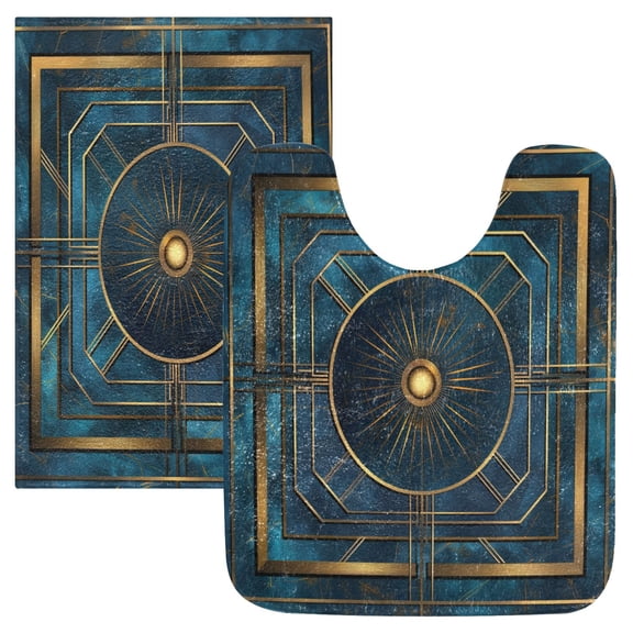 Toilet Rug Set Non-Slip Bathroom Rugs Soft Plush Machine Washable Contour Bath Mat Abstract Cerulean Geometric 24x20/24x16