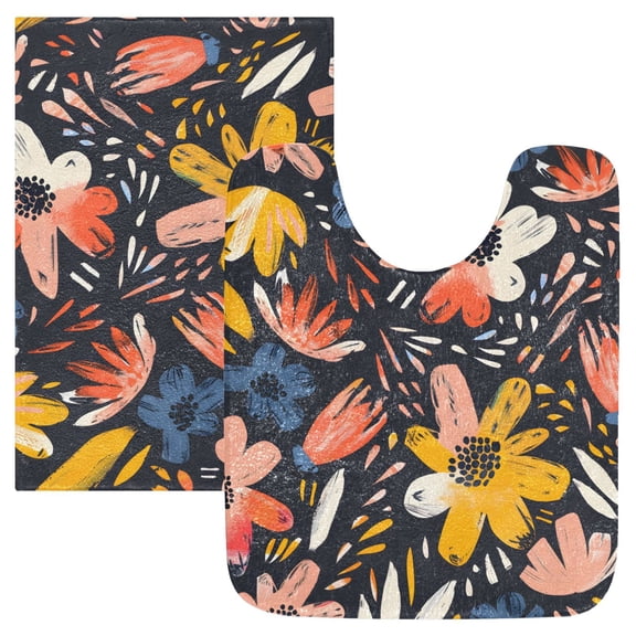 Toilet Rug Set Non-Slip Bathroom Rugs Soft Plush Machine Washable Contour Bath Mat Abstract Various Flower 24x20/24x16