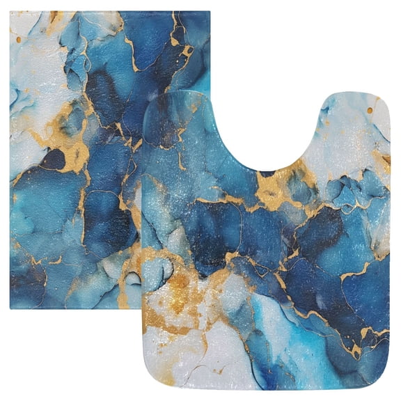 Toilet Rug Set Non-Slip Bathroom Rugs Soft Plush Machine Washable Contour Bath Mat Azure Blue Gold Marble 24x20/24x16