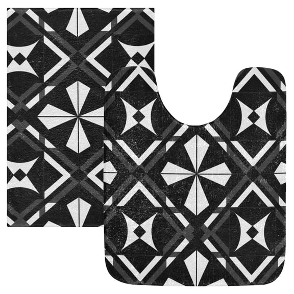 Toilet Rug Set Non-Slip Bathroom Rugs Soft Plush Machine Washable Contour Bath Mat Black White Geometric Shapes 24x20/24x16
