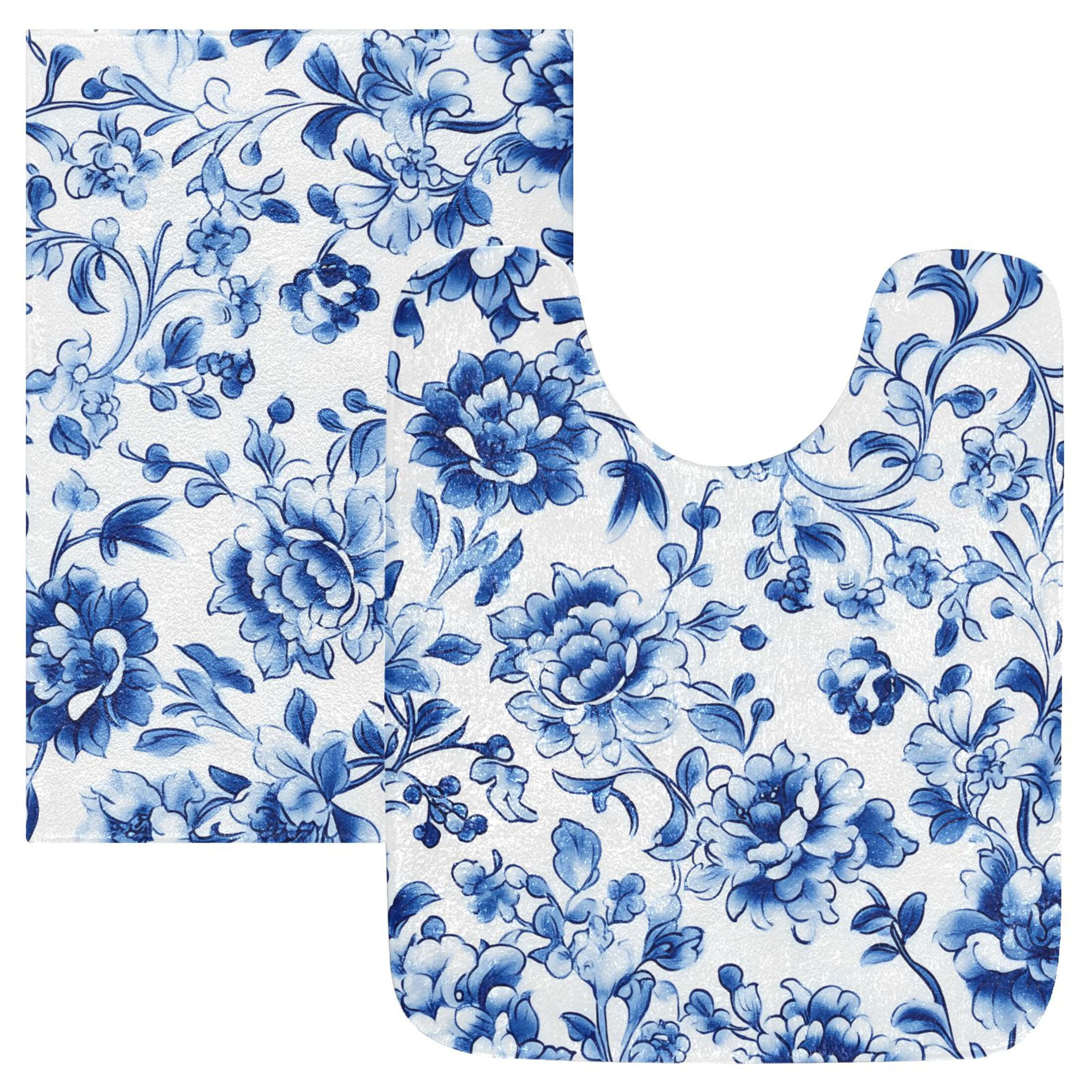 Toilet Rug Set Non-Slip Bathroom Rugs Soft Plush Machine Washable Contour Bath Mat Blue and White Porcelain Floral 24x20/24x16
