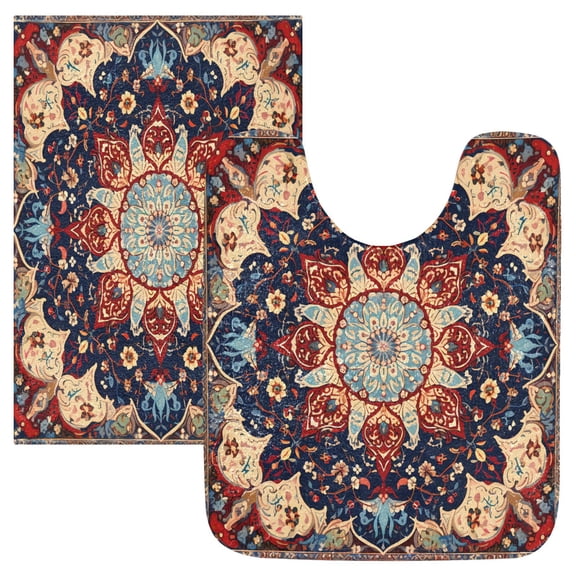 Toilet Rug Set Non-Slip Bathroom Rugs Soft Plush Machine Washable Contour Bath Mat Boho Mandala 24x20/24x16