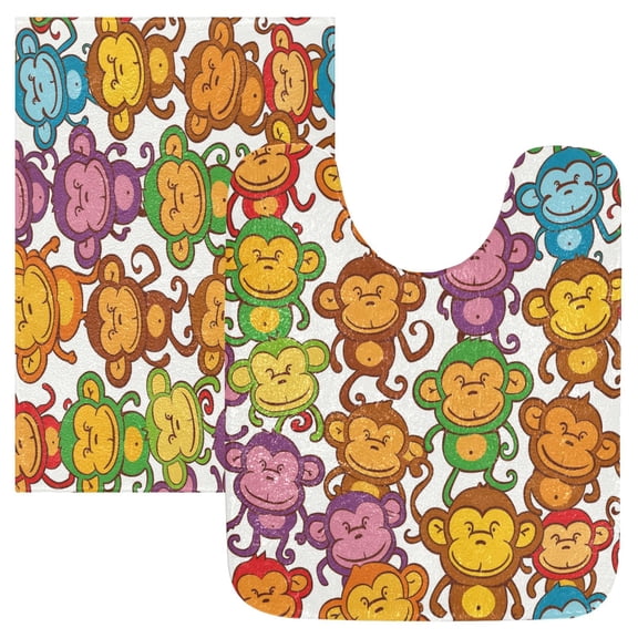 Toilet Rug Set Non-Slip Bathroom Rugs Soft Plush Machine Washable Contour Bath Mat Cartoon Colorful Monkey 24x20/24x16