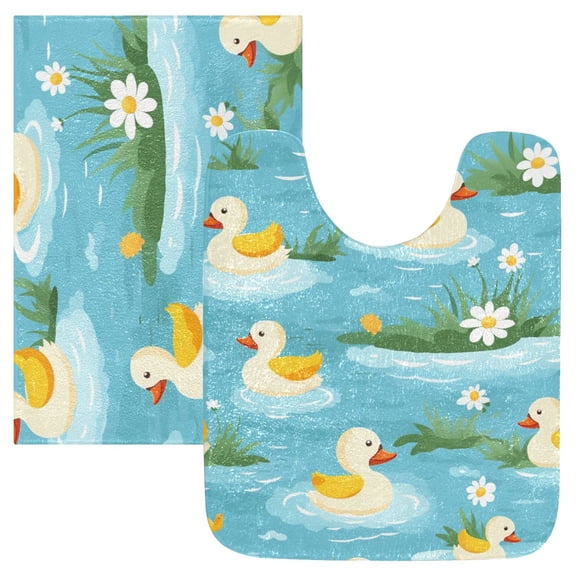 Toilet Rug Set Non-Slip Bathroom Rugs Soft Plush Machine Washable Contour Bath Mat Cartoon Ducks Flower Plant 24x20/24x16