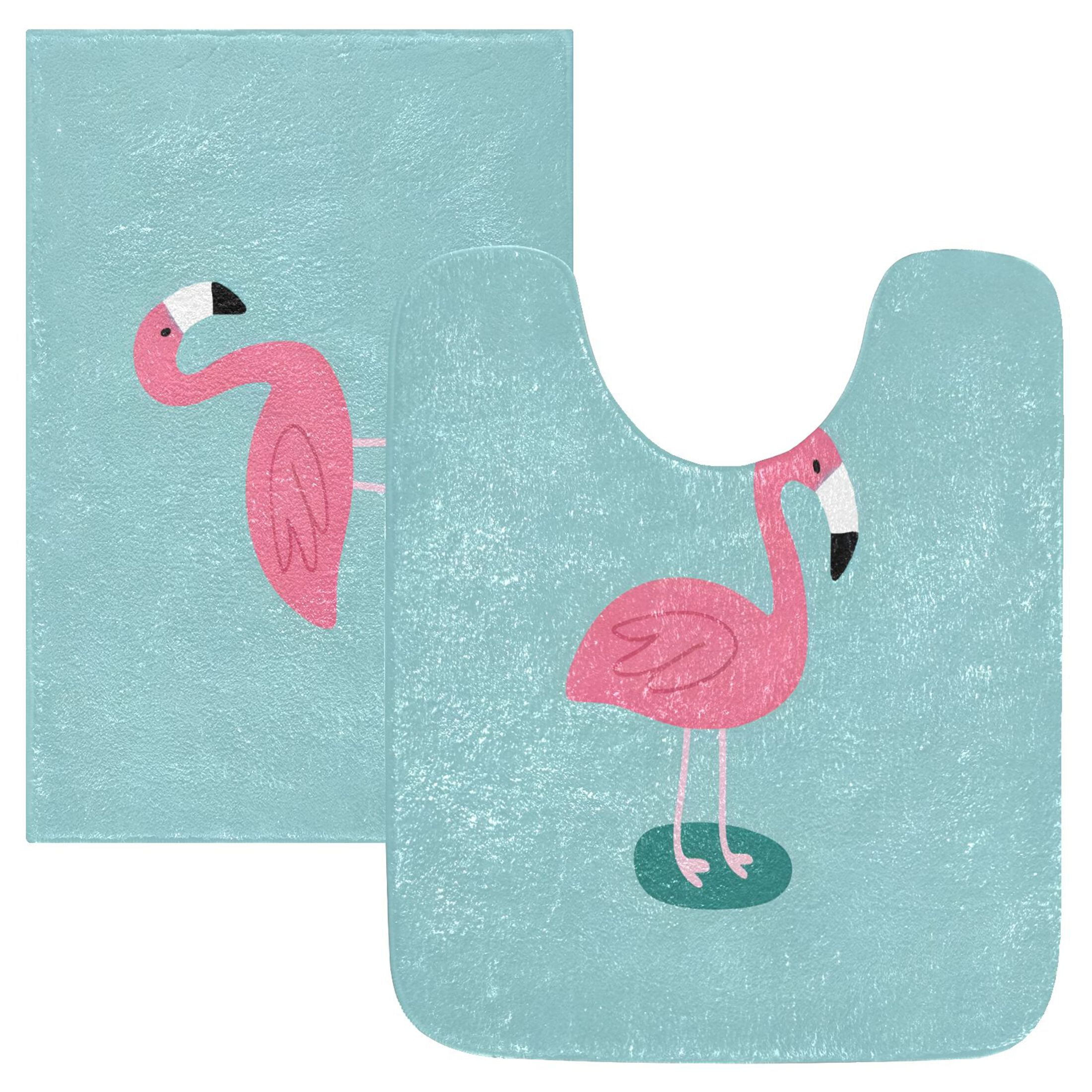 Toilet Rug Set Non-Slip Bathroom Rugs Soft Plush Machine Washable Contour Bath Mat Cartoon Flamingo 24x20/24x16