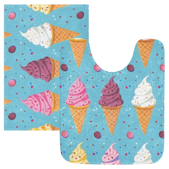 Toilet Rug Set Non-Slip Bathroom Rugs Soft Plush Machine Washable Contour Bath Mat Cartoon Ice Cream 24x20/24x16