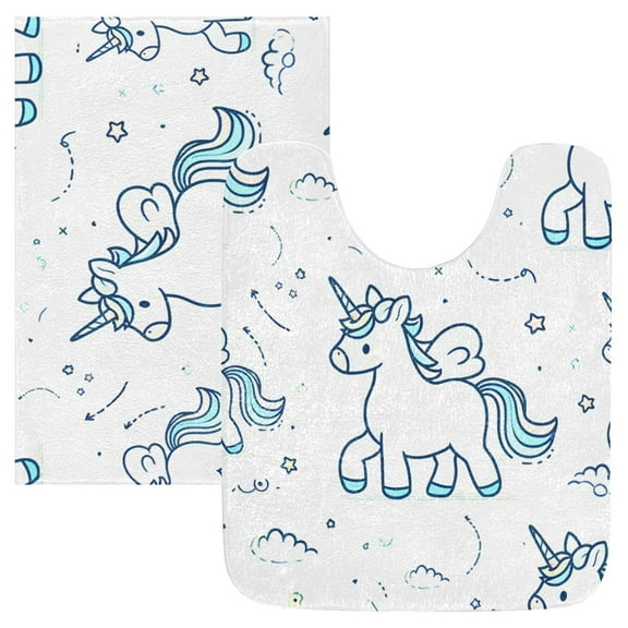 Toilet Rug Set Non-Slip Bathroom Rugs Soft Plush Machine Washable Contour Bath Mat Cartoon Line Unicorn 24x20/24x16