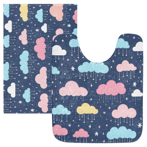 Toilet Rug Set Non-Slip Bathroom Rugs Soft Plush Machine Washable Contour Bath Mat Cartoon Raining Clouds 24x20/24x16