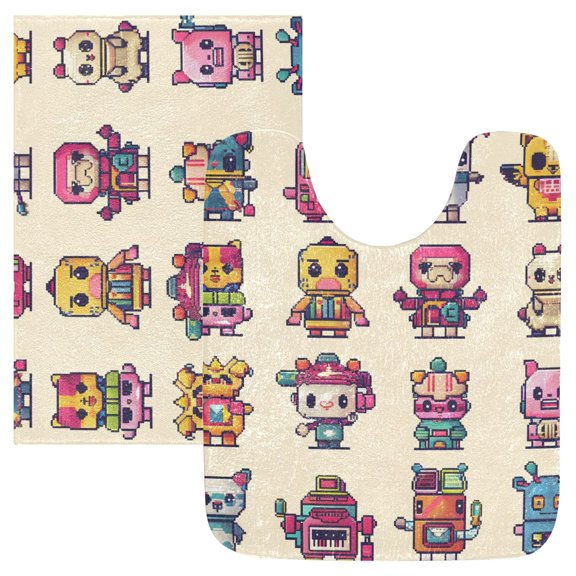 Toilet Rug Set Non-Slip Bathroom Rugs Soft Plush Machine Washable Contour Bath Mat Characters Pixel Style 24x20/24x16