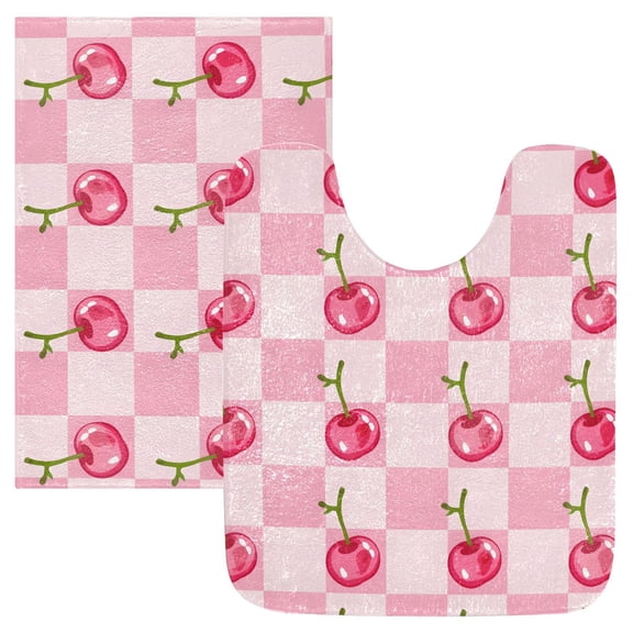 Toilet Rug Set Non-Slip Bathroom Rugs Soft Plush Machine Washable Contour Bath Mat Cherry on Gingham Check 24x20/24x16