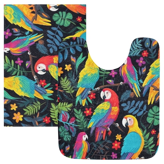 Toilet Rug Set Non-Slip Bathroom Rugs Soft Plush Machine Washable Contour Bath Mat Colorful Parrot Bird and Leaf 24x20/24x16