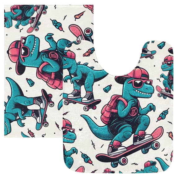 Toilet Rug Set Non-Slip Bathroom Rugs Soft Plush Machine Washable Contour Bath Mat Cool Dinosaurs Skating 24x20/24x16